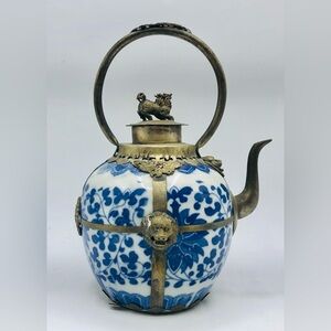 Vintage Blue White Porcelain Teapot Metal Mounted Foo Dog Dragon Asian Late 19th